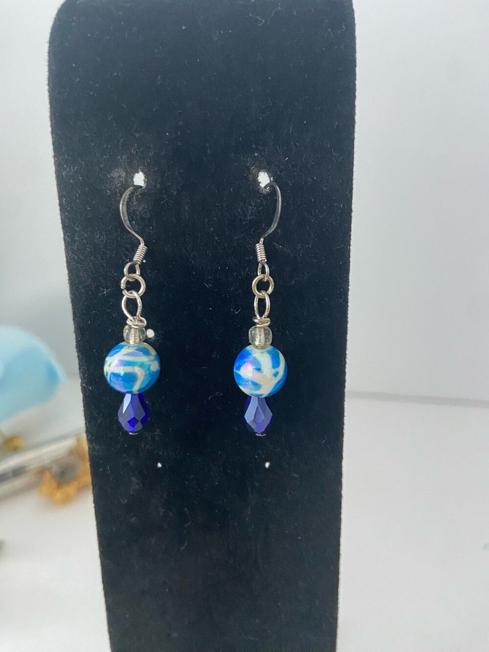 blue and white bead earrings